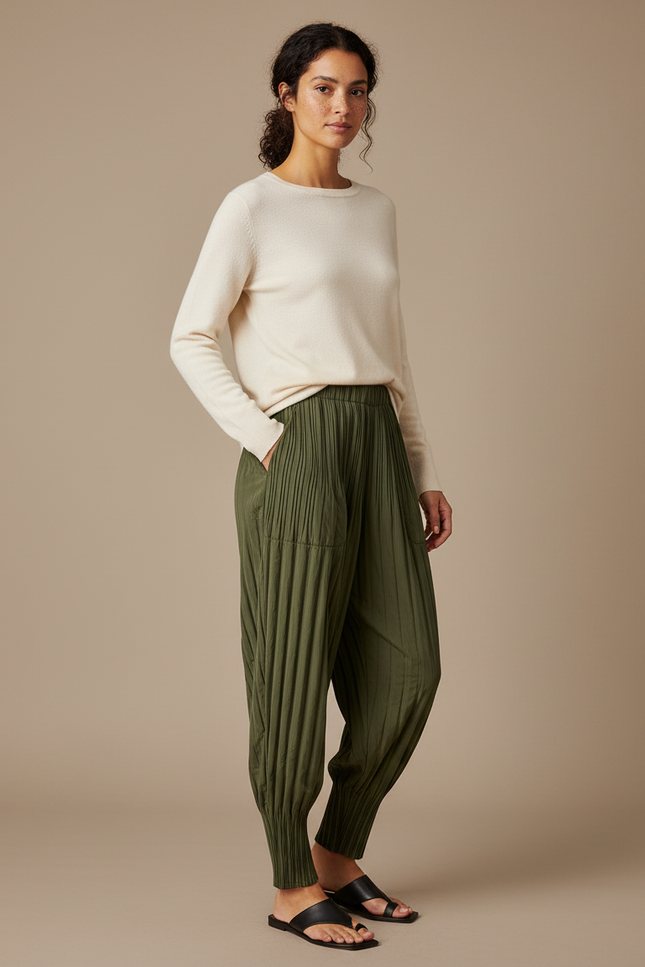 Pantalon À Pince Plissé Vert Kaki Ample Décontracté - Lin