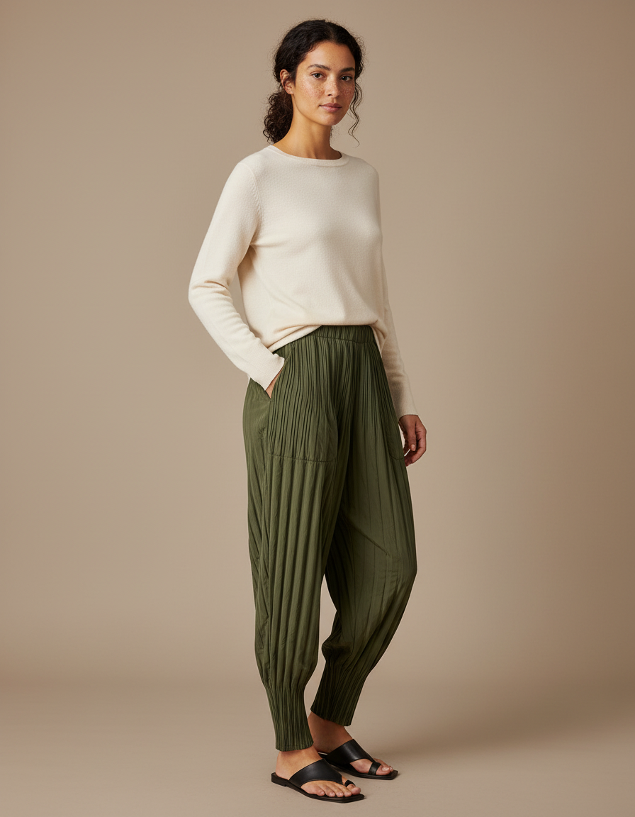 Pantalon À Pince Plissé Vert Kaki Ample Décontracté - Lin
