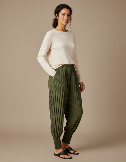 Pantalon À Pince Plissé Vert Kaki Ample Décontracté - Lin
