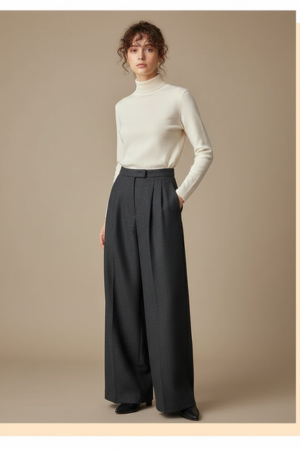 Pantalon À Pince Gris Ample Taille Haute Élégant - Laine