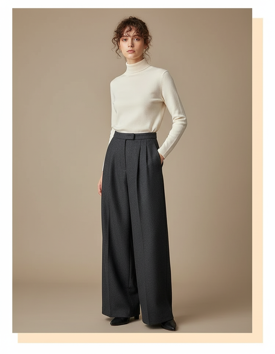 Pantalon À Pince Gris Ample Taille Haute Élégant - Laine