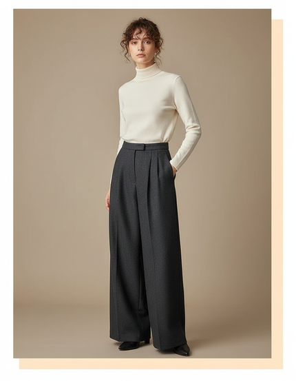 Pantalon À Pince Gris Ample Taille Haute Élégant - Laine