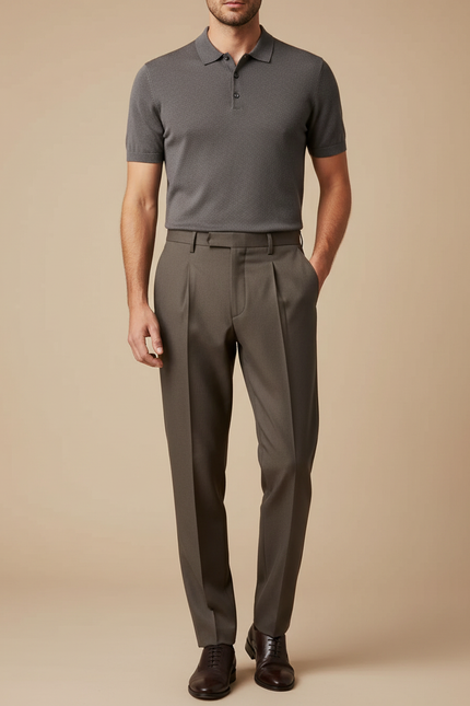 Pantalon À Pince Marron Droit Plissé Élégant Homme - Gabardine