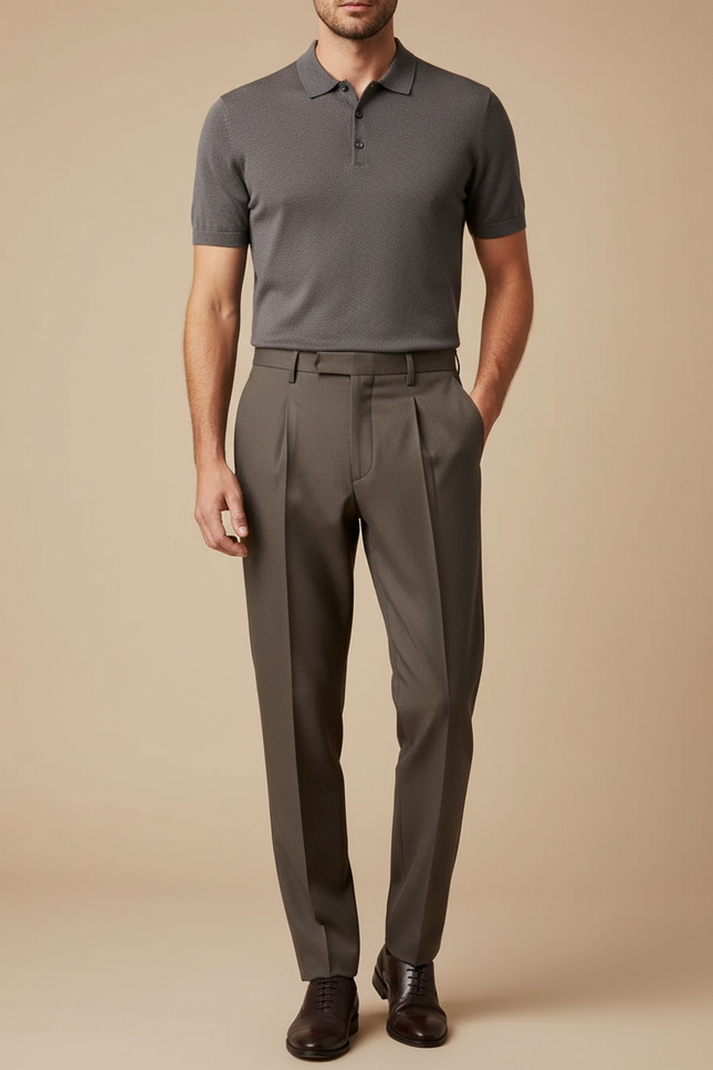 Pantalon À Pince Marron Droit Plissé Élégant Homme - Gabardine