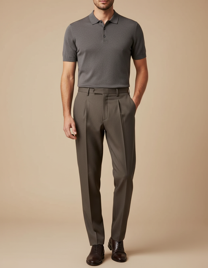 Pantalon À Pince Marron Droit Plissé Élégant Homme - Gabardine
