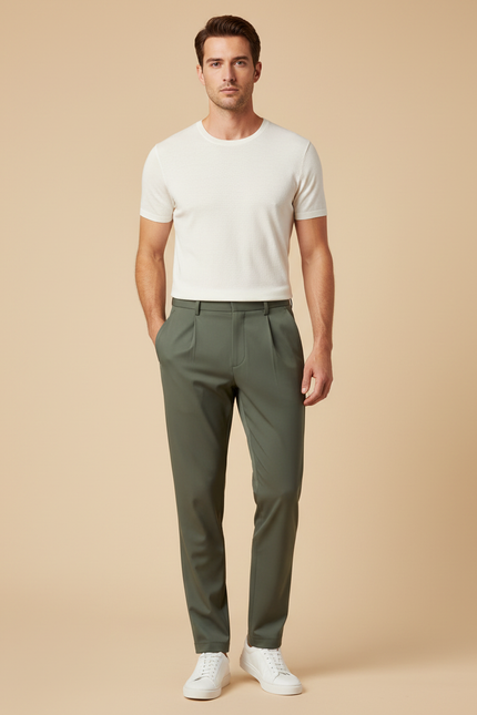 Pantalon À Pince Kaki Plissé Homme Décontracté - Polyester