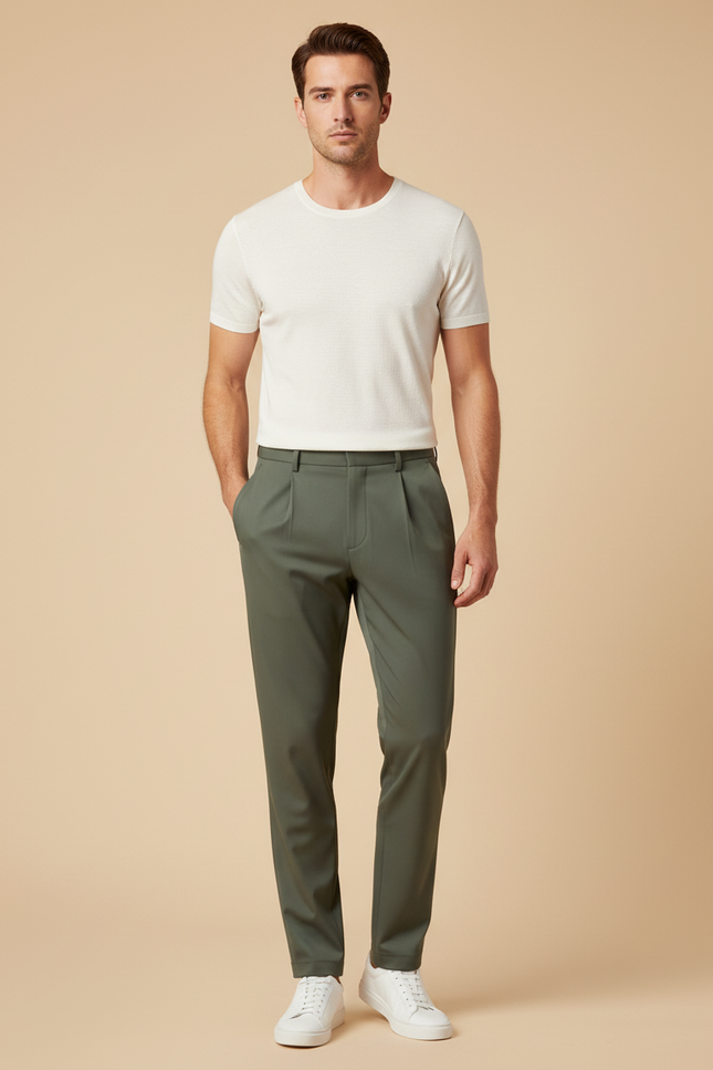 Pantalon À Pince Kaki Plissé Homme Décontracté - Polyester