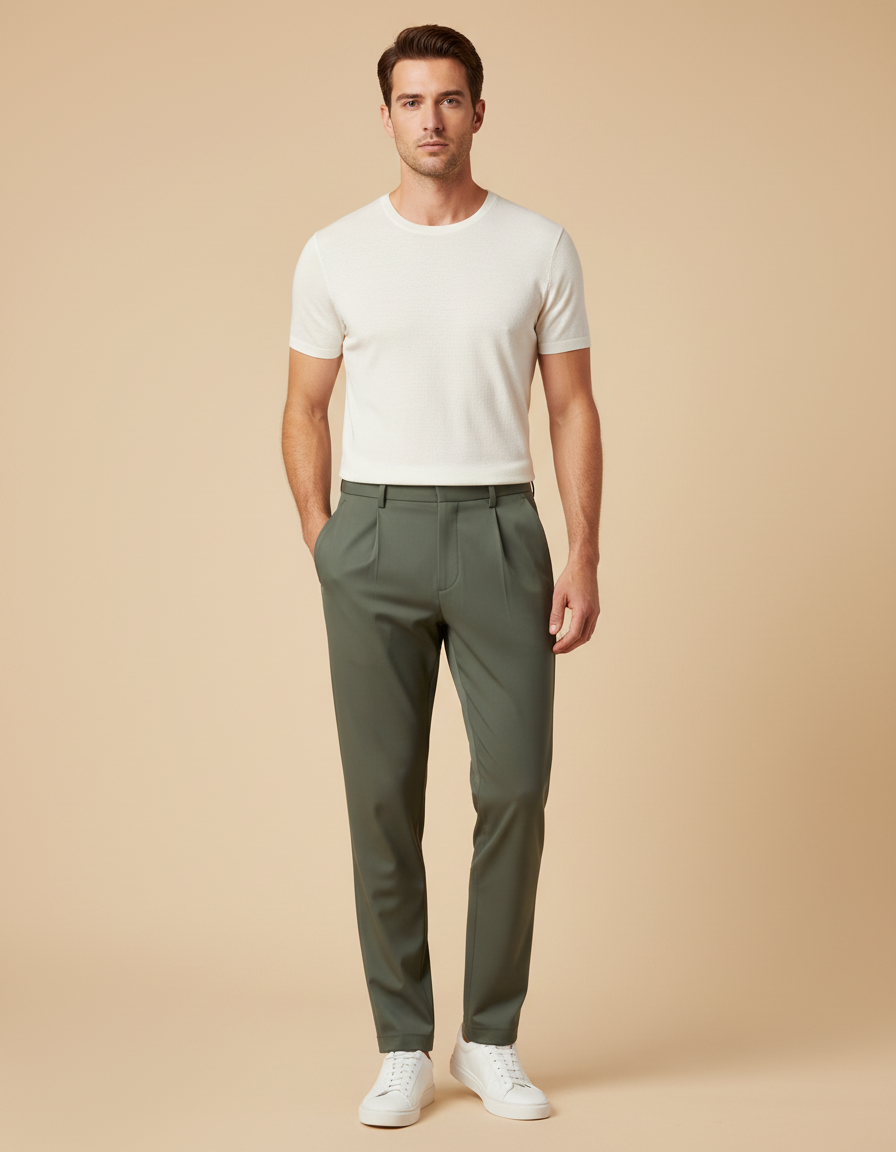 Pantalon À Pince Kaki Plissé Homme Décontracté - Polyester