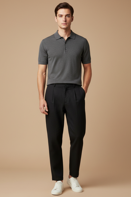 Pantalon À Pince Noir Plissé Droit Coton Homme