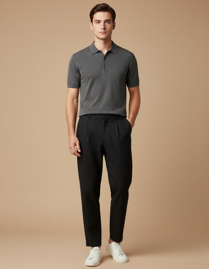 Pantalon À Pince Noir Plissé Droit Coton Homme