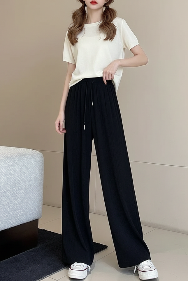 Pantalon À Pince Noir Ample Fluide Cordon Décontracté - Polyester