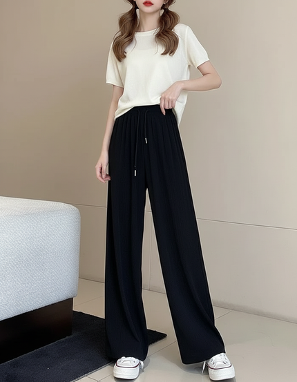 Pantalon À Pince Noir Ample Fluide Cordon Décontracté - Polyester