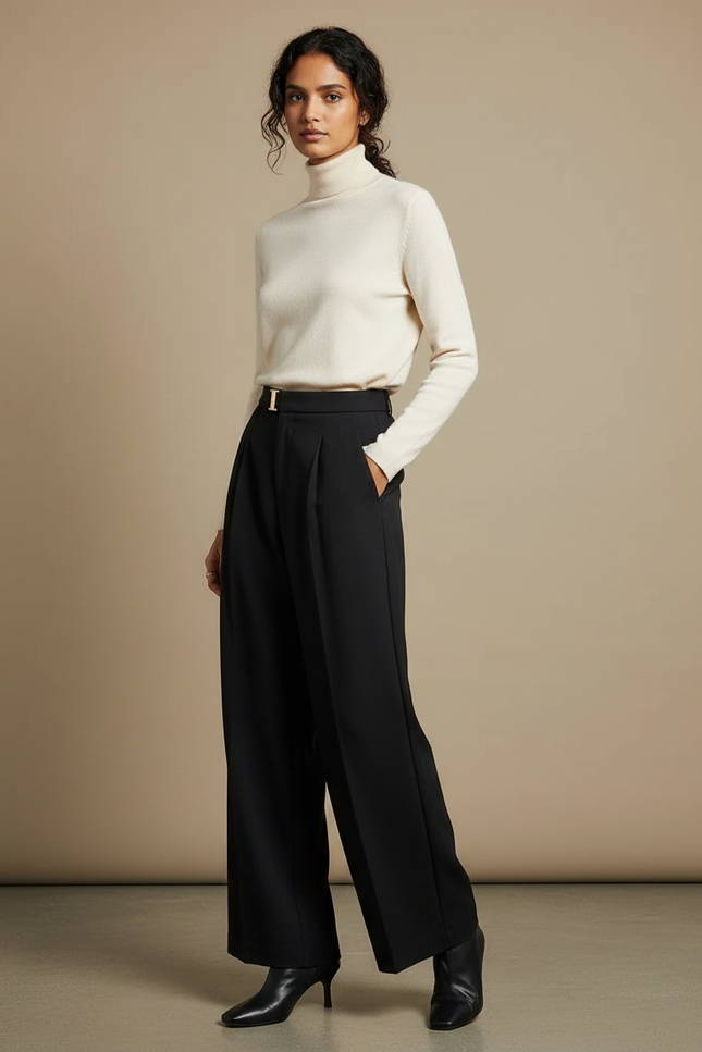 Pantalon À Pince Noir Ample Taille Haute Élégant - Polyester