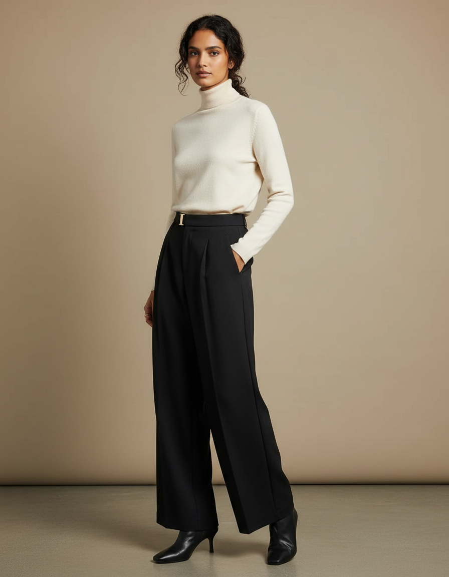 Pantalon À Pince Noir Ample Taille Haute Élégant - Polyester