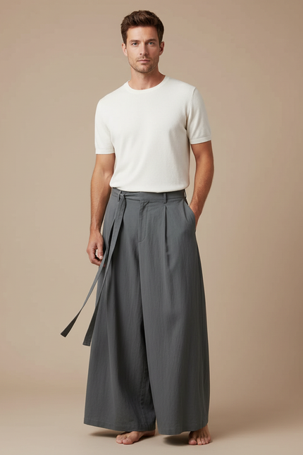 Pantalon À Pince Gris Ample Lin Plissé Homme