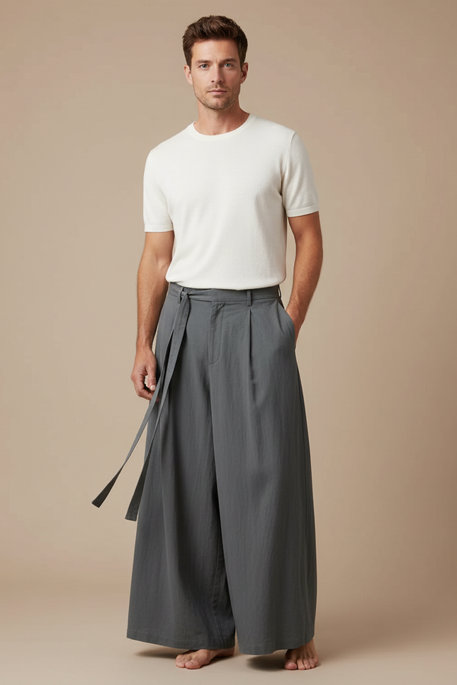 Pantalon À Pince Gris Ample Lin Plissé Homme