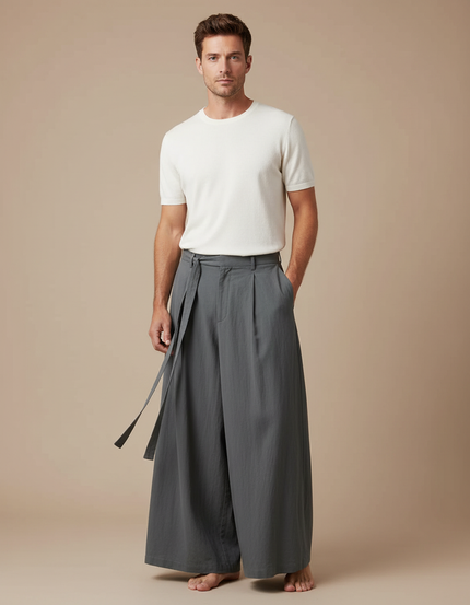 Pantalon À Pince Gris Ample Lin Plissé Homme