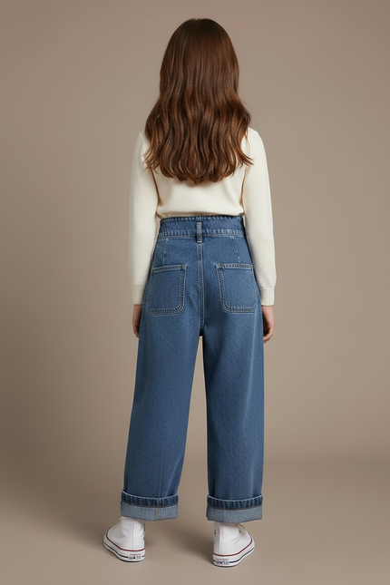 Pantalon À Pince Denim Plissé Ample Fille Décontracté - Bleu Jean - vue 2