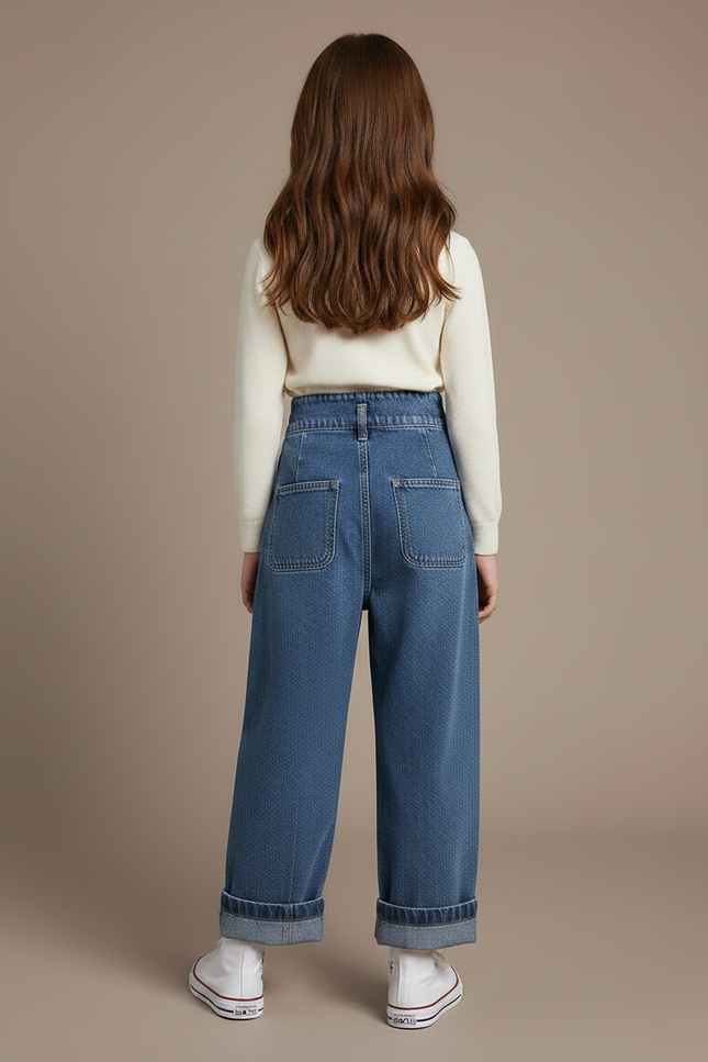Pantalon À Pince Denim Plissé Ample Fille Décontracté - Bleu Jean - vue 2
