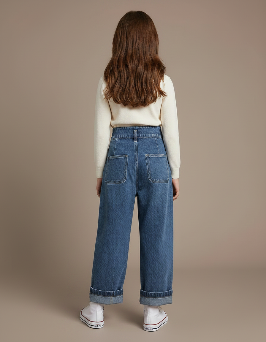 Pantalon À Pince Denim Plissé Ample Fille Décontracté - Bleu Jean - vue 2