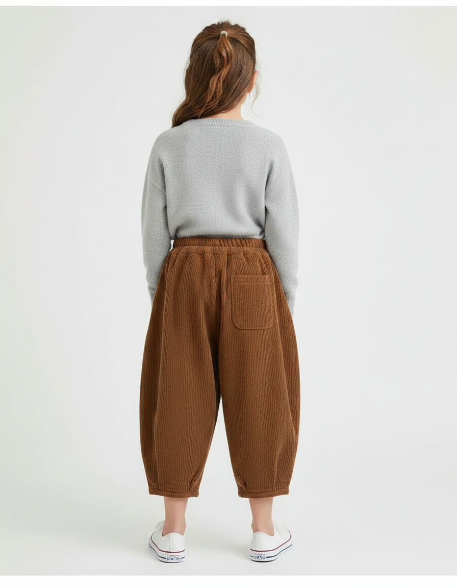Pantalon À Pince Marron Côtelé Ample Décontracté Enfant - Cordé - vue 2