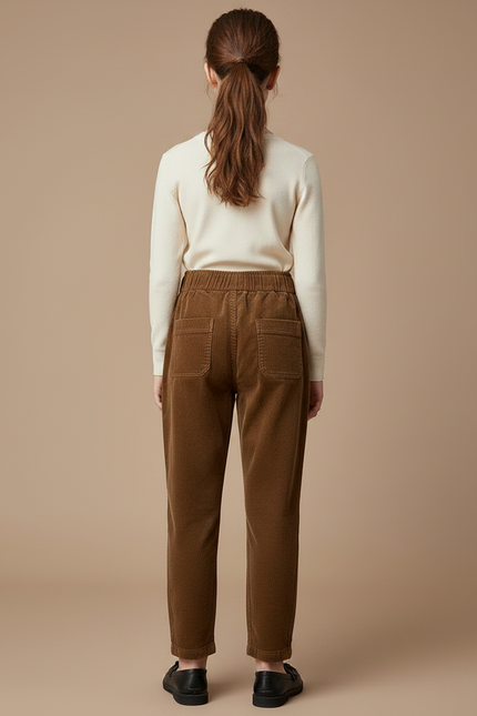 Pantalon À Pince Marron Côtelé Décontracté Boutons Fille - Cordé - vue 2