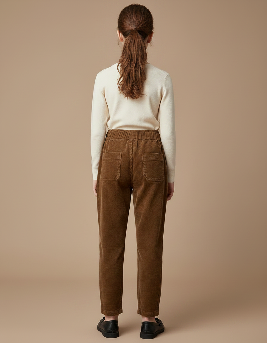 Pantalon À Pince Marron Côtelé Décontracté Boutons Fille - Cordé - vue 2