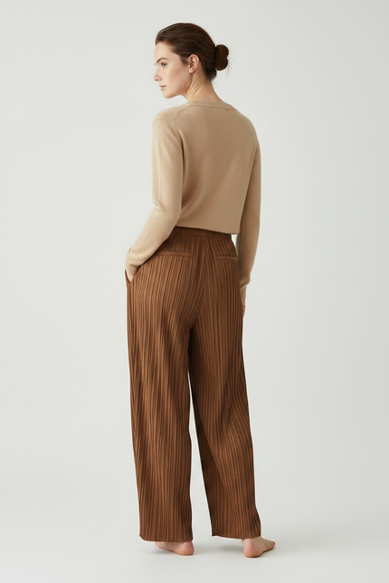 Pantalon À Pince Plissé Marron Ample Fluide - Polyester - vue 2
