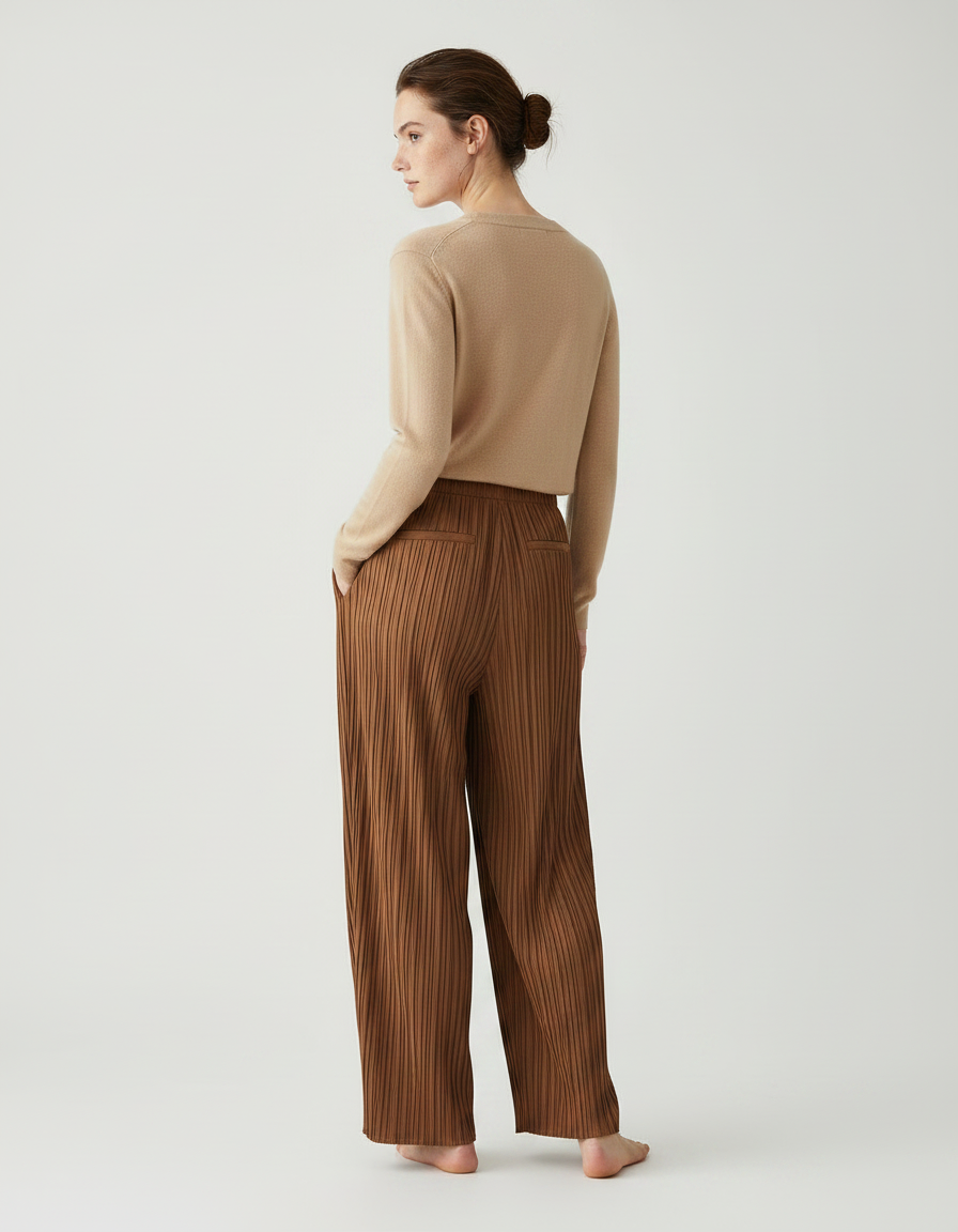 Pantalon À Pince Plissé Marron Ample Fluide - Polyester - vue 2