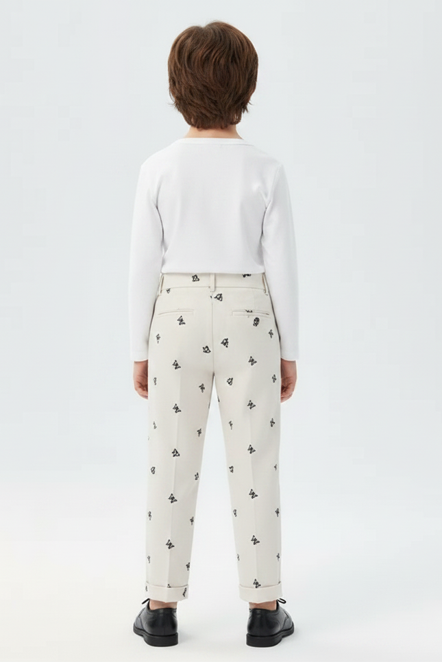 Pantalon À Pince Beige Brodé Papillons Enfant Élégant - Gabardine - vue 2