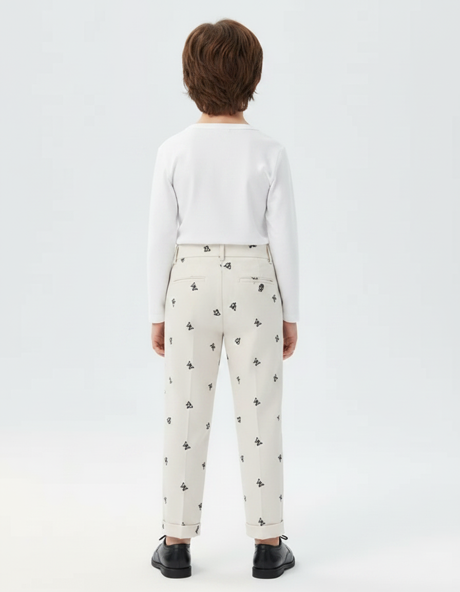 Pantalon À Pince Beige Brodé Papillons Enfant Élégant - Gabardine - vue 2