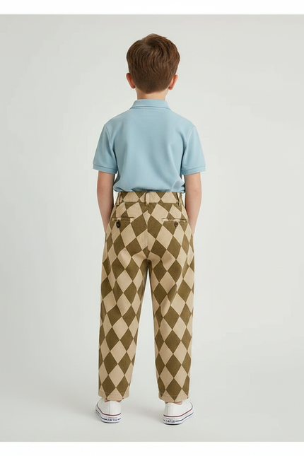 Pantalon À Pince Losanges Marron Beige Ample Enfant Coton - Imprimé - vue 2
