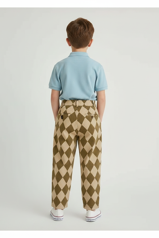 Pantalon À Pince Losanges Marron Beige Ample Enfant Coton - Imprimé - vue 2