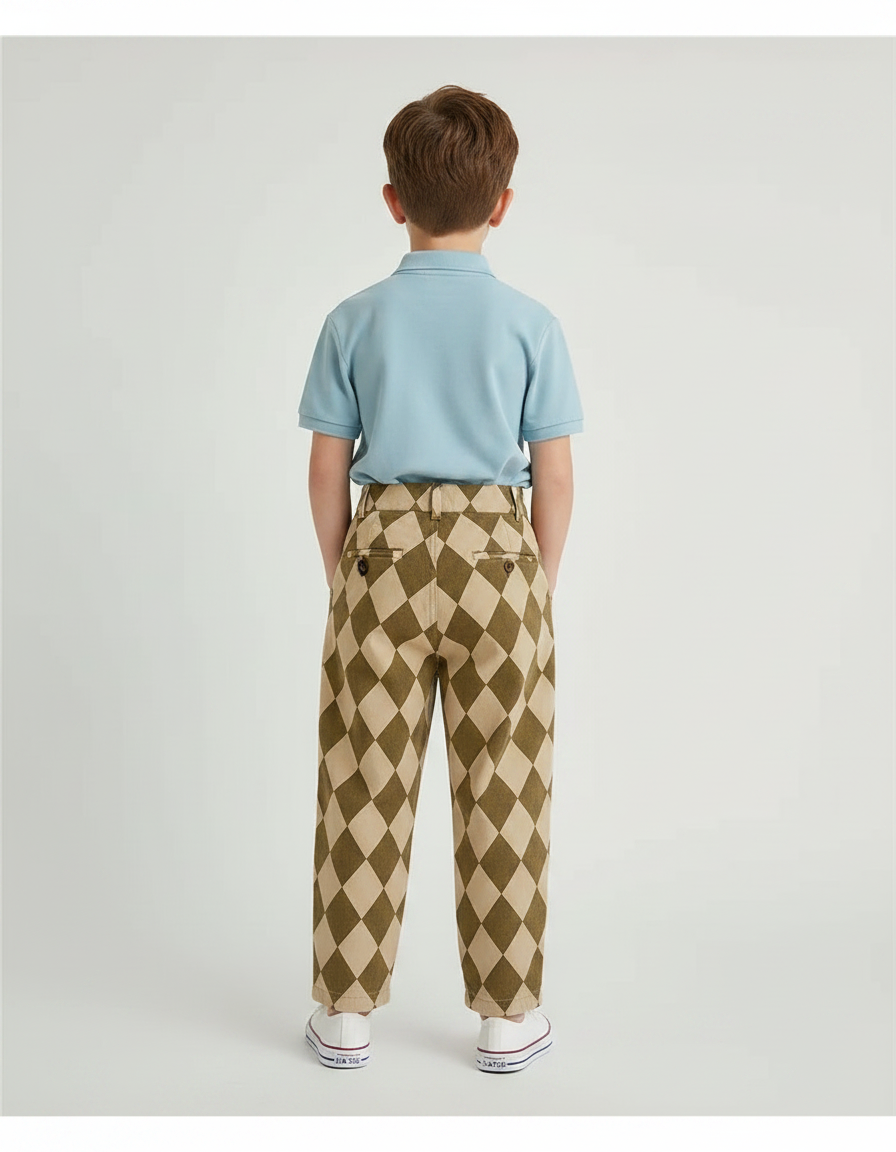 Pantalon À Pince Losanges Marron Beige Ample Enfant Coton - Imprimé - vue 2