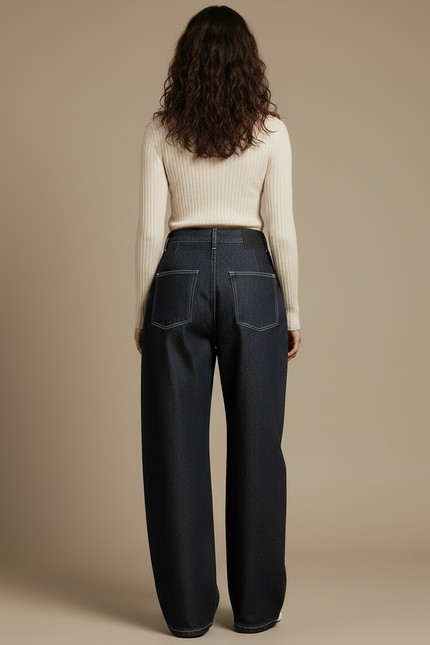 Pantalon À Pince Denim Plissé Ample Décontracté Femme - Marine Jean - vue 2