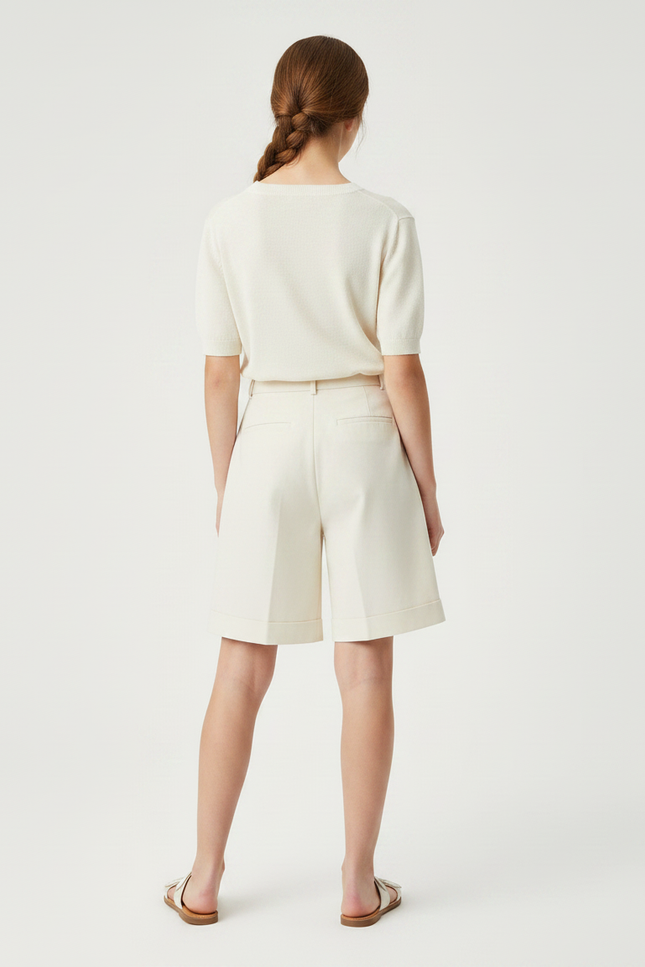 Pantalon À Pince Crème Plissé Droit Court Décontracté - Beige Gabardine - vue 2