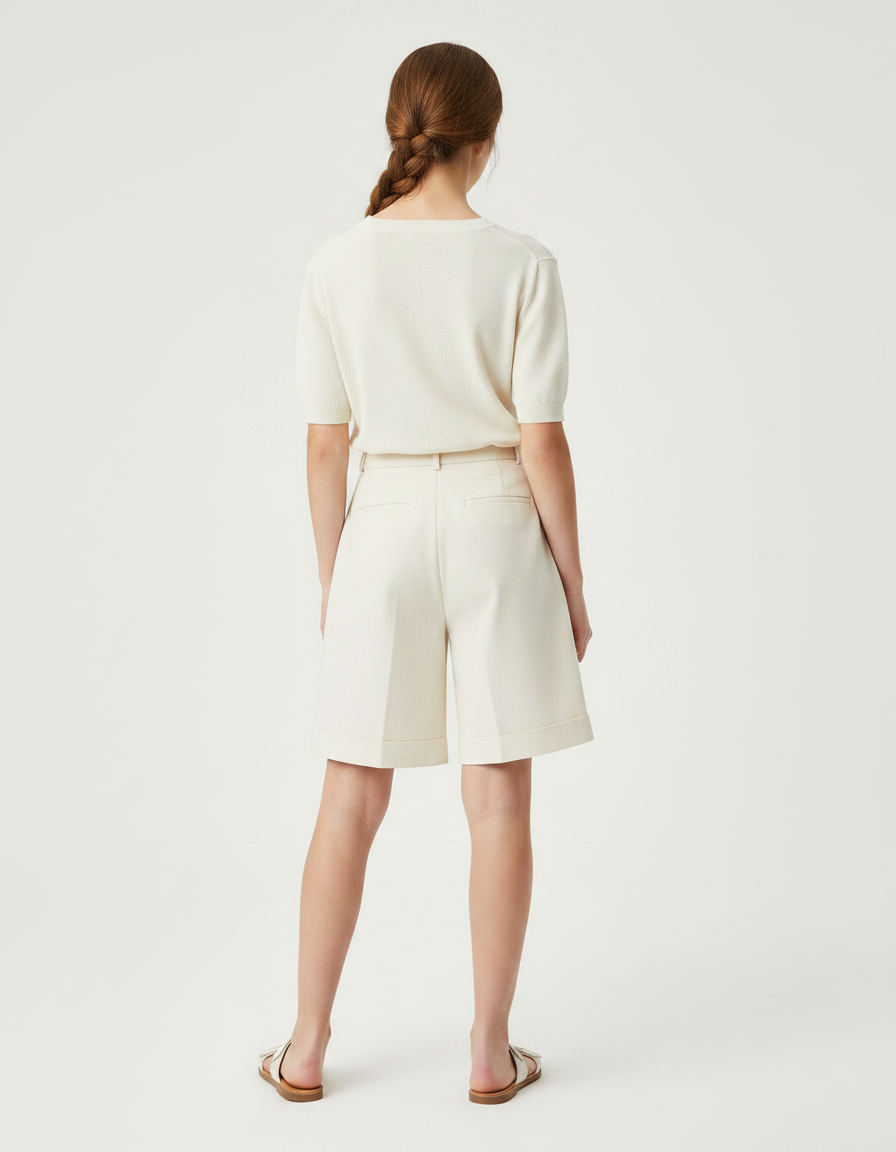 Pantalon À Pince Crème Plissé Droit Court Décontracté - Beige Gabardine - vue 2