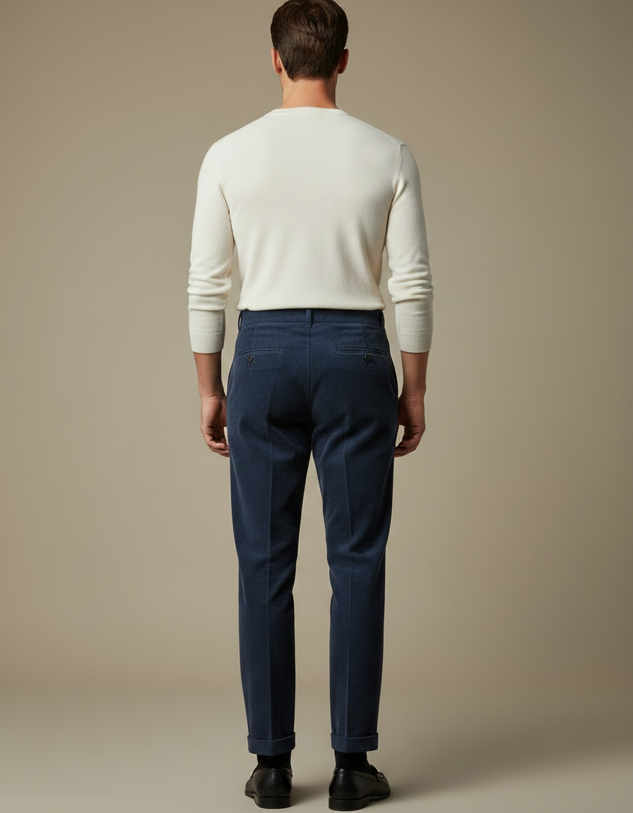 Pantalon À Pince Bleu Marine Côtelé Plissé Homme Élégant - Cordé - vue 2