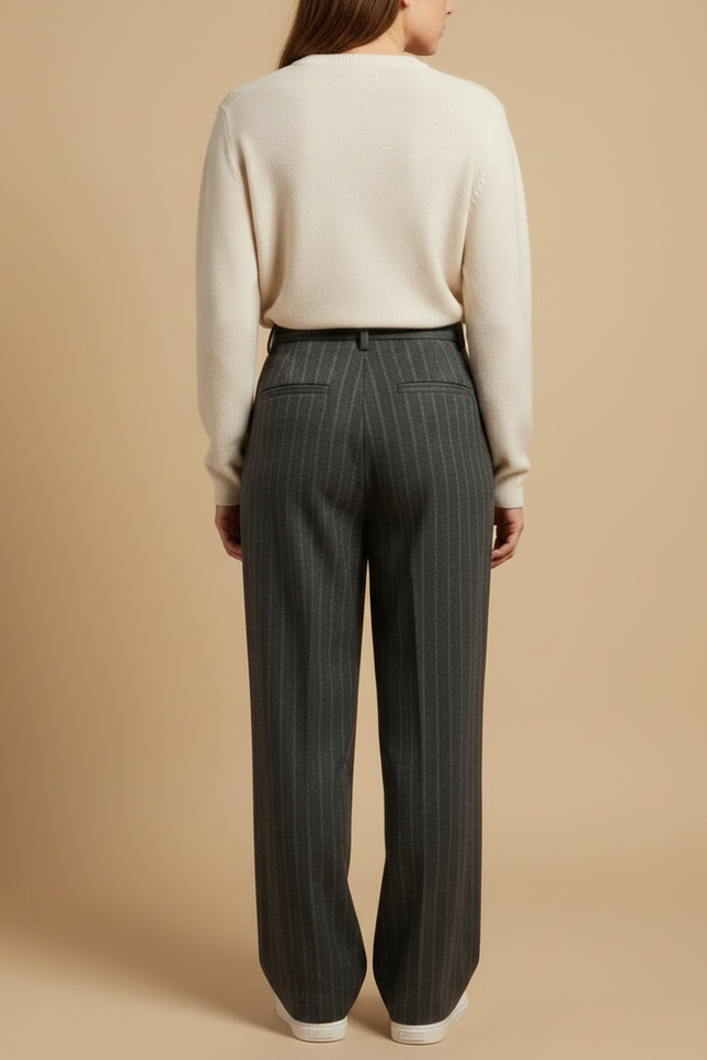 Pantalon À Pince Gris Rayé Plissé Large Élégant Homme - Laine - vue 2