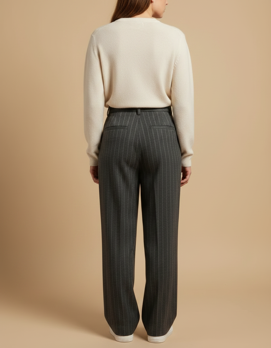 Pantalon À Pince Gris Rayé Plissé Large Élégant Homme - Laine - vue 2