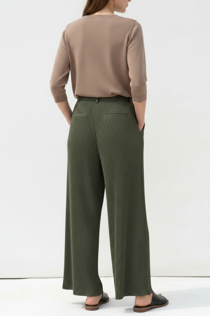 Pantalon À Pince Plissé Vert Ample Fluide Femme - Kaki Polyester - vue 2
