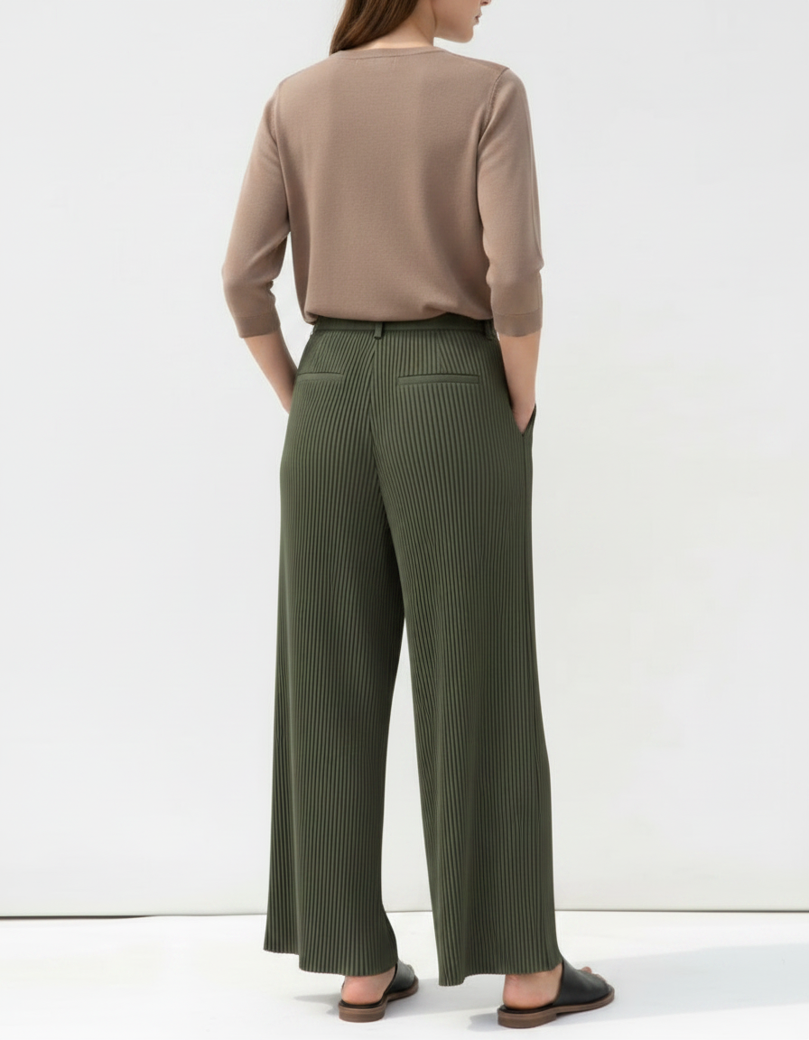 Pantalon À Pince Plissé Vert Ample Fluide Femme - Kaki Polyester - vue 2