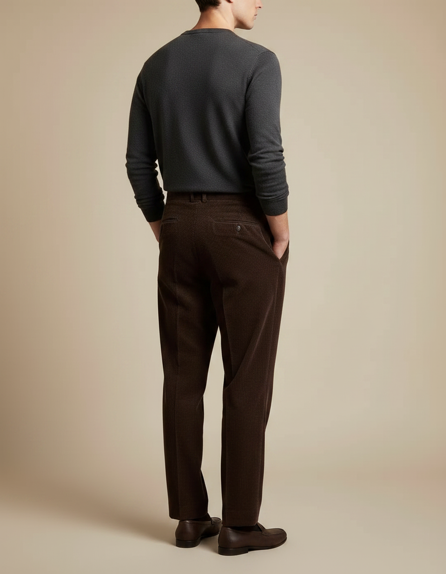 Pantalon À Pince Marron Côtelé Plissé Droit Homme - Cordé - vue 2