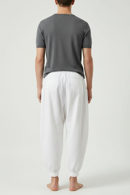 Pantalon À Pince Blanc Ample Coton Plissé Décontracté - vue 2
