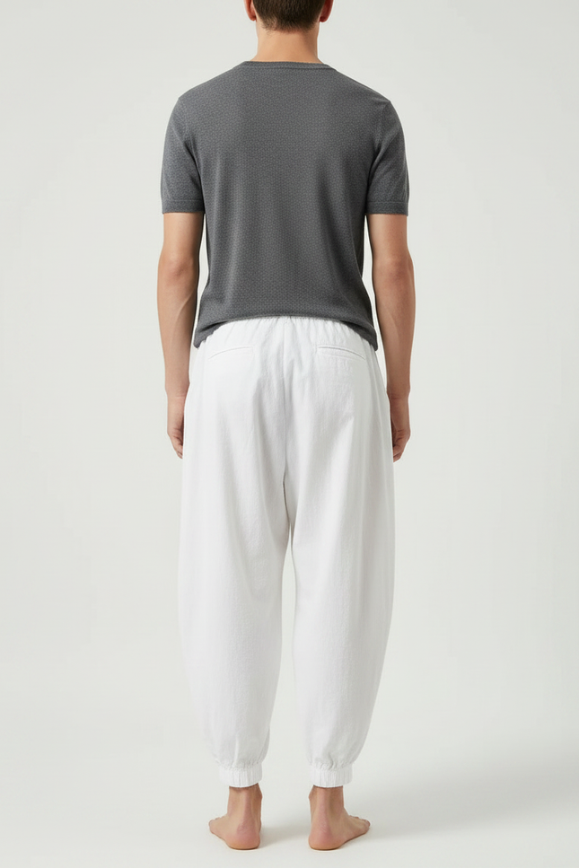 Pantalon À Pince Blanc Ample Coton Plissé Décontracté - vue 2