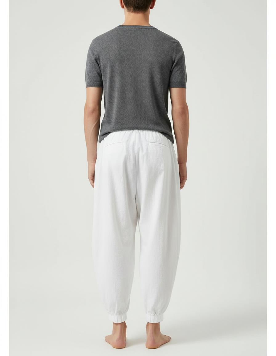 Pantalon À Pince Blanc Ample Coton Plissé Décontracté - vue 2