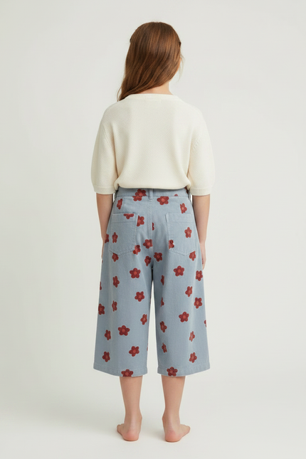 Pantalon À Pince Bleu Ciel Fleurs Rouges Ample - Cordé - vue 2