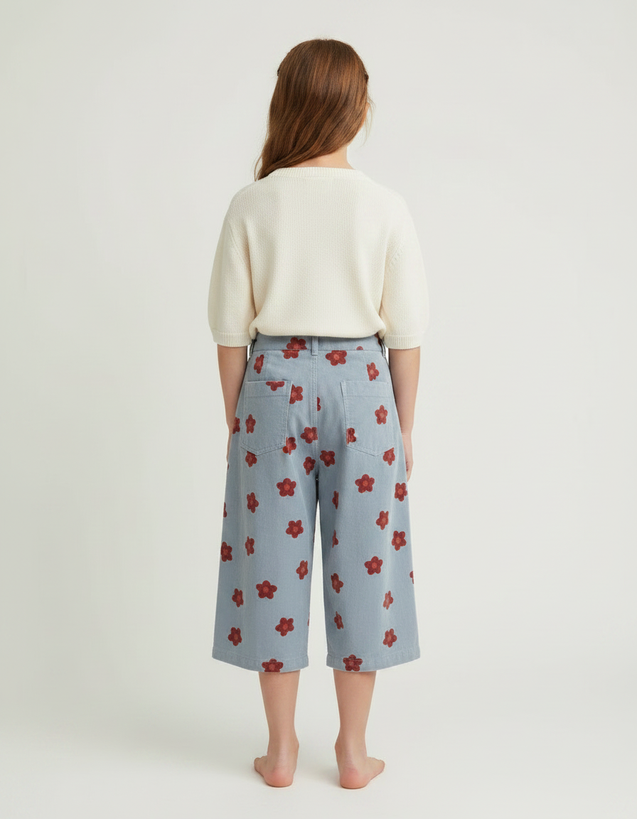Pantalon À Pince Bleu Ciel Fleurs Rouges Ample - Cordé - vue 2