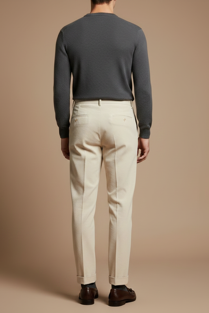 Pantalon À Pince Crème Côtelé Plissé Élégant Homme - Beige Cordé - vue 2