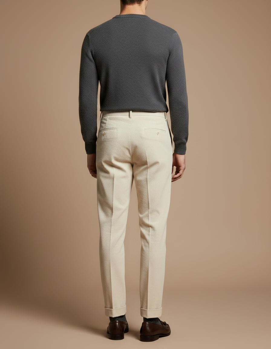 Pantalon À Pince Crème Côtelé Plissé Élégant Homme - Beige Cordé - vue 2